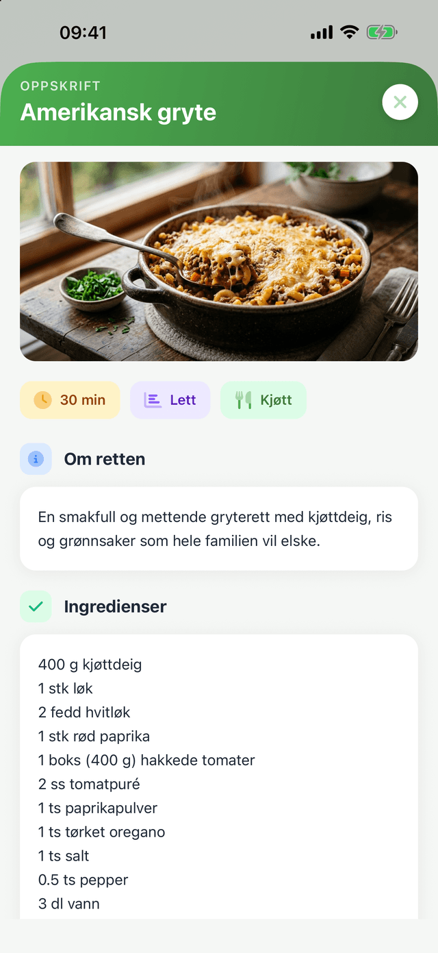 Middagsplan-appen: en oppskrift med bilde, tid, vanskelighetsgrad og ingredienser